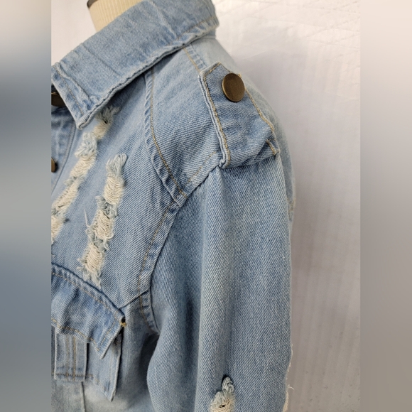 Rock Tour Jean Jacket with Lace Gypsy Bell Sleeves Upcycled Retro Rock Merc - Picture 11 of 14